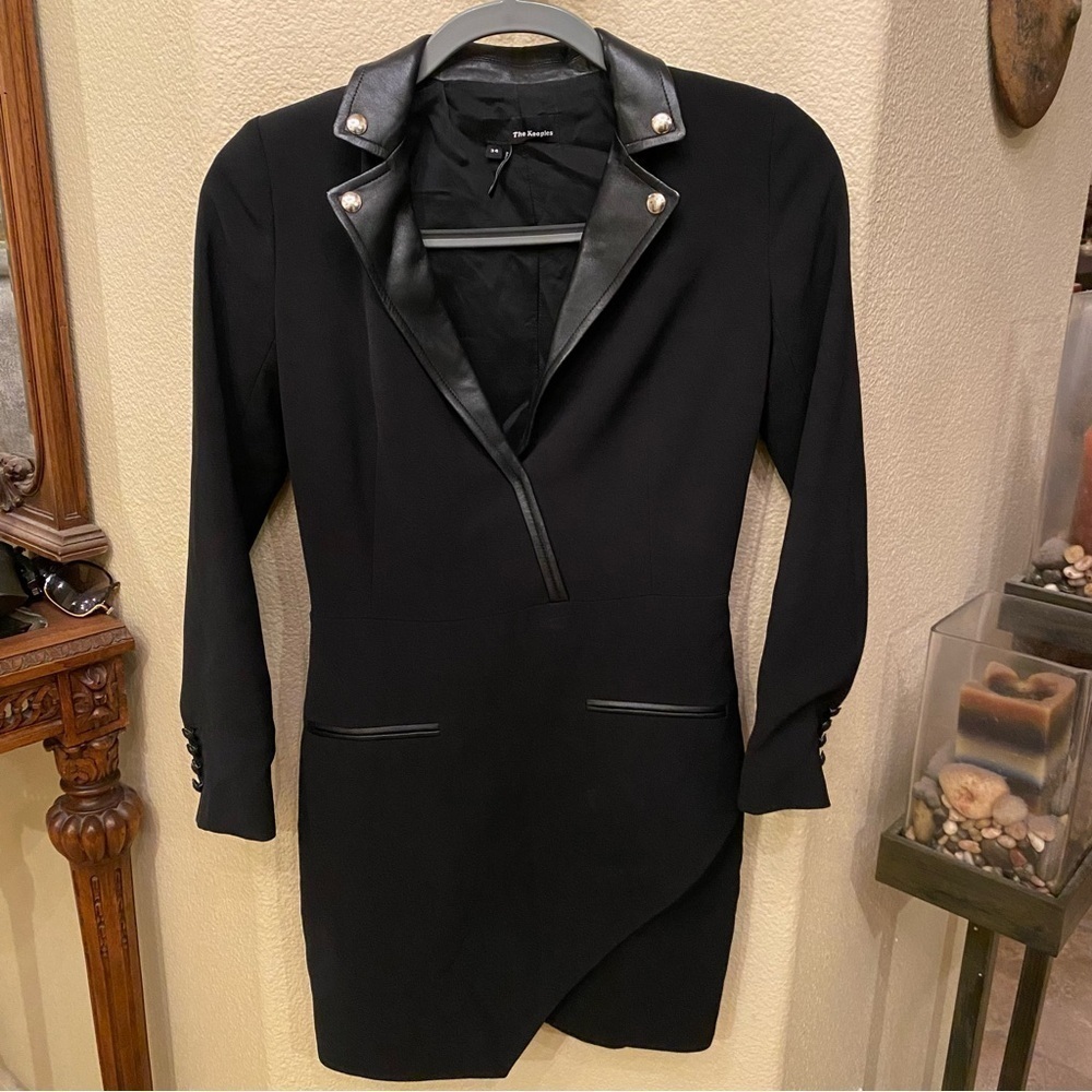 THE KOOPLES Women Black Lambskin Leather Collar Long Sleeve Dress Size 34